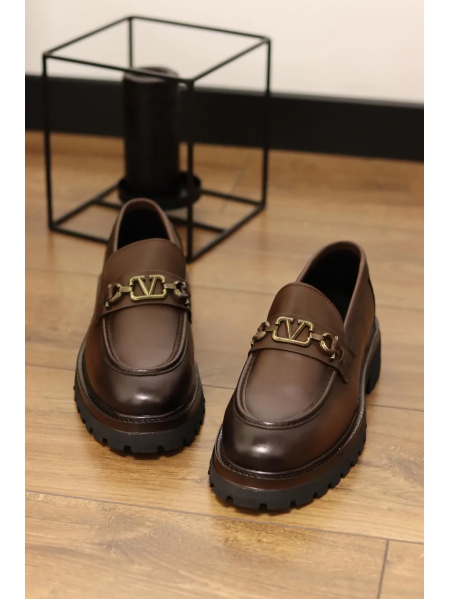 Montello Hakiki Deri Kahverengi Gold Tokalı Loafer