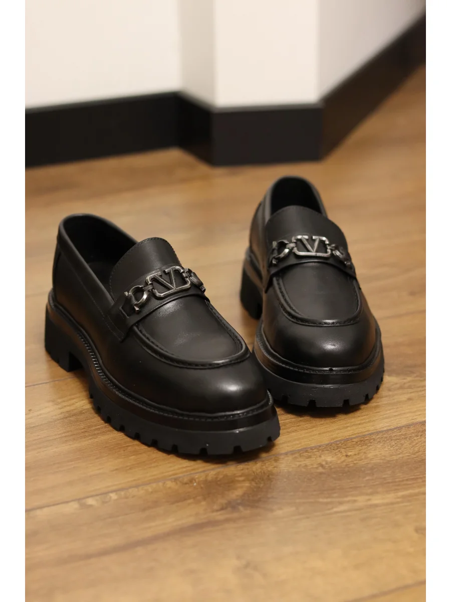 Montello Hakiki Deri Siyah Siver Tokalı Loafer