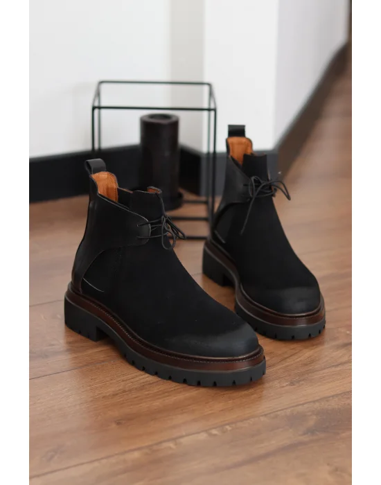 Maven Hakiki Süet Deri Siyah Bağcıklı Chelsea Bot