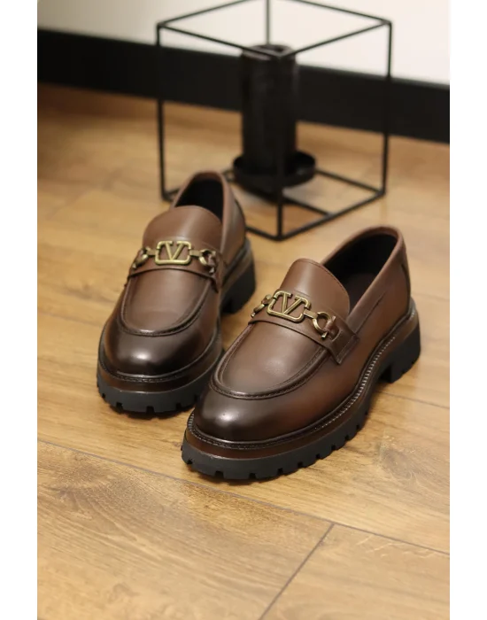 Montello Hakiki Deri Kahverengi Gold Tokalı Loafer