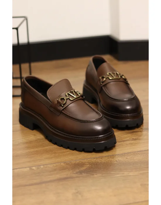 Montello Hakiki Deri Kahverengi Gold Tokalı Loafer