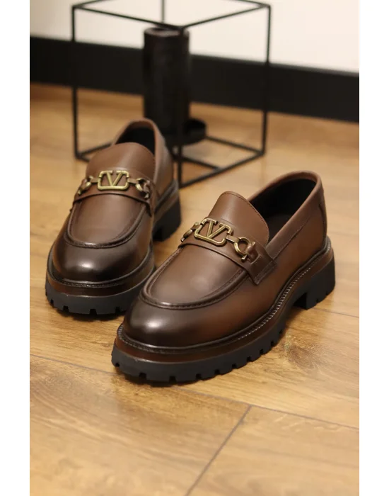 Montello Hakiki Deri Kahverengi Gold Tokalı Loafer