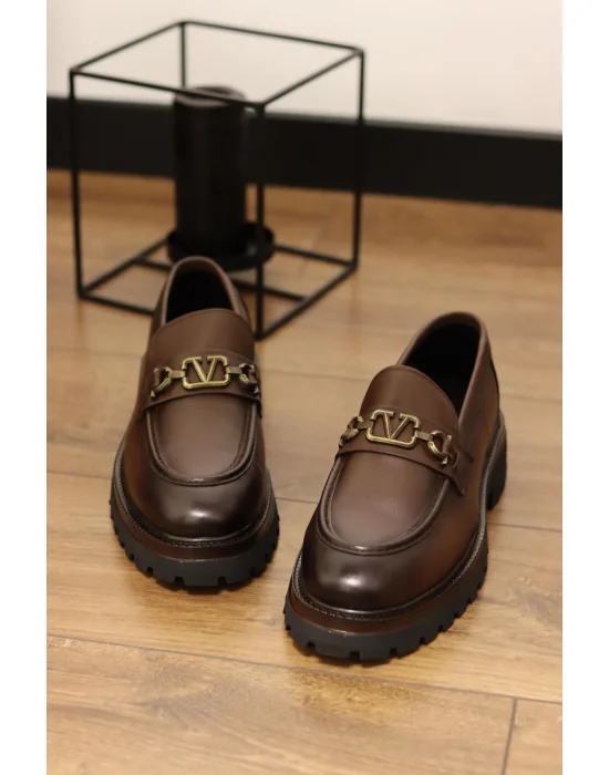 Montello Hakiki Deri Kahverengi Gold Tokalı Loafer