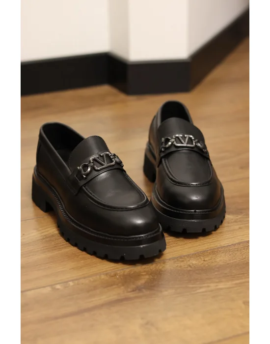 Montello Hakiki Deri Siyah Siver Tokalı Loafer