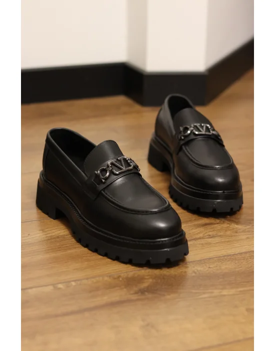 Montello Hakiki Deri Siyah Siver Tokalı Loafer
