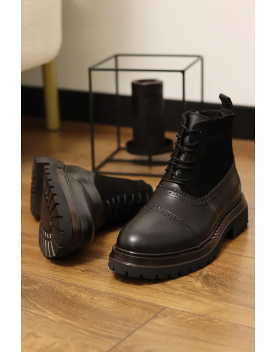 Rivo Siyah Hakiki Deri Fermuarlı Oxford Bot