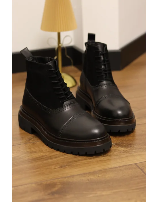 Rivo Siyah Hakiki Deri Fermuarlı Oxford Bot