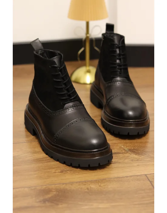 Rivo Siyah Hakiki Deri Fermuarlı Oxford Bot