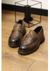 Montello Hakiki Deri Kahverengi Gold Tokalı Loafer