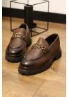 Montello Hakiki Deri Kahverengi Gold Tokalı Loafer