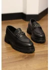 Montello Hakiki Deri Siyah Siver Tokalı Loafer