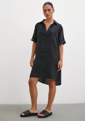 Shirt Collar Linen Dress Black