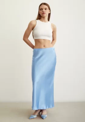 Bias Cut Satin Skirt Light Blue