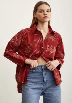 Flower Patterned Poplin Shirt in Terra Cotta Color