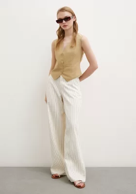 Gestreifte High-Waist Wide-Leg Hose in Ecru