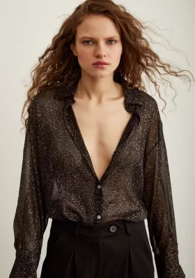 V Neck Sequined Shirt Black