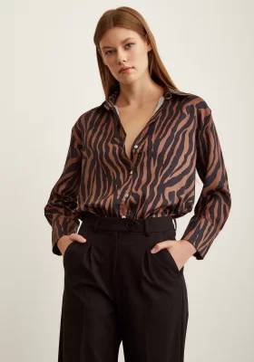 Zebra Pattern Satin Shirt Brown