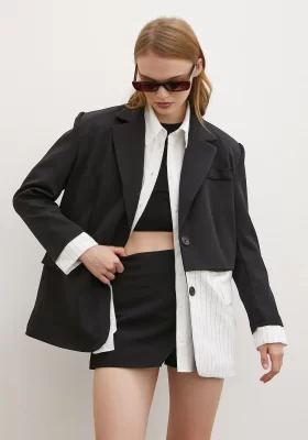 Pinstripe Detailed Double Buttoned Blazer Jacket White