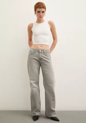 Stone Detailed High Waisted Wide Leg Jeans Smoke