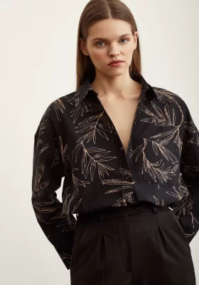 Floral Pattern Poplin Shirt Black