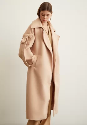 Coat with Pocketed Armlets and Epaulettes Beige