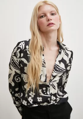 Flower Patterned Satin Shirt Black