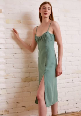 Lace Strap Slit Dress Green