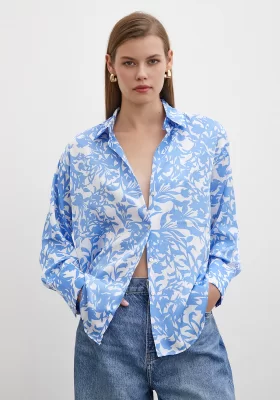 Patterned Waffle Satin Shirt Light Blue