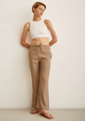 Elastic Waist Flared High Waist Pants Khaki