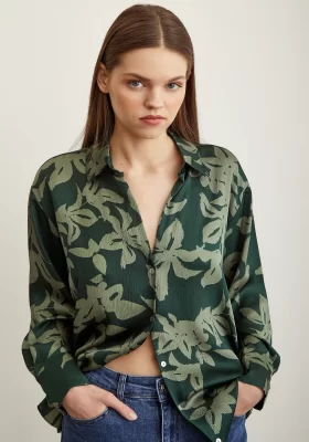 Floral Patterned Satin Shirt Green