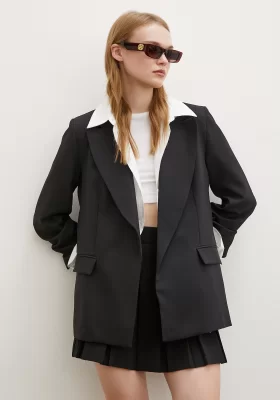 Pinstripe Lined Pocket Flap Blazer Jacket Black