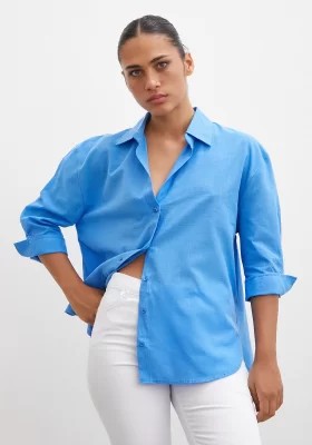 Wide-Collared Linen Shirt Blue