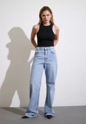 High Waist Cropped Wide Leg Jean Ice Blue