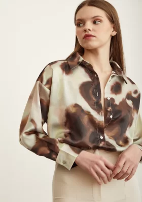 Batik Patterned Satin Shirt Brown