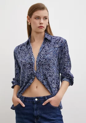 Satin Shirt with Shawl Pattern Navy