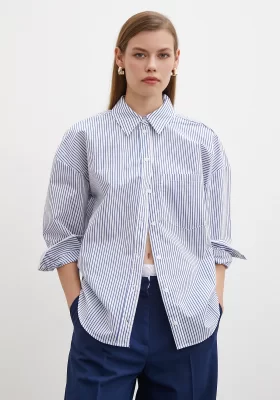 Fine Striped Poplin Shirt Blue