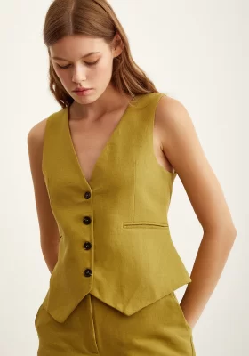 Lined Linen Vest in Oil Green