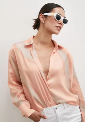 Patterned V-Neck Satin Shirt Salmon