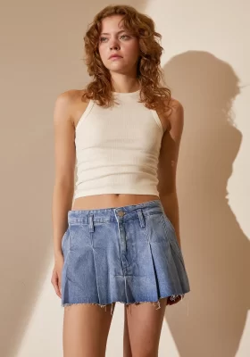 Pleated Denim Mini Skirt Blue