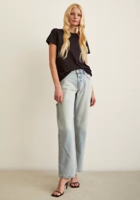 High Waist Ripped Detail Wide Leg Jeans Ice Blue