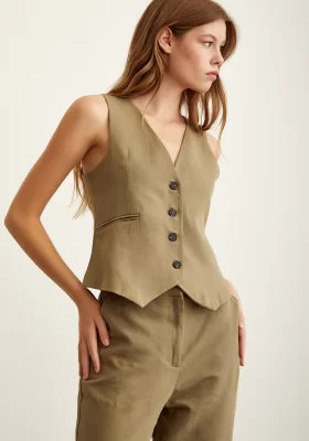 Lined Linen Vest Khaki