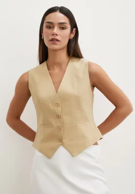 Buttoned Linen Vest Camel