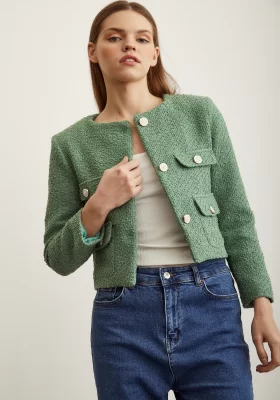 Button Detail Tweed Jacket Green