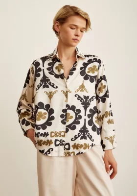 V Neck Patterned Satin Shirt Beige