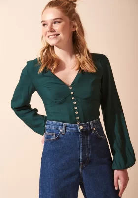 Button Detailed V-Neck Long Sleeve Blouse Green