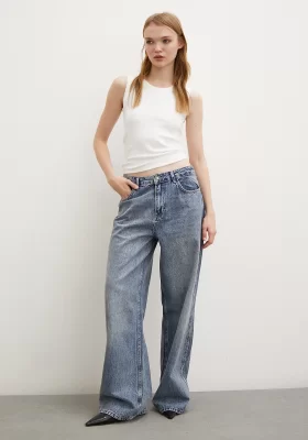 Yüksel High Waisted Wide Leg Jeans Navy