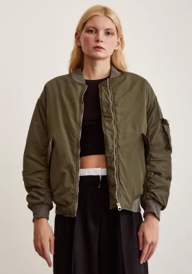 Collar Ruched Bomber Jacket Khaki