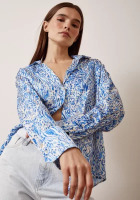 V Neck Patterned Satin Shirt Sax