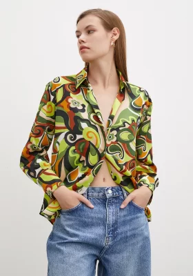 Marbled Patterned Satin Shirt Green