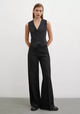 Pleated Wide Leg High Waist Pants Black